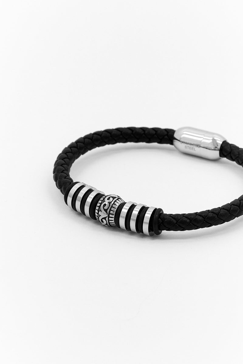 Steeltime Men Braided Leather And Stainless Steel Beads Bracelet, Black - Image 3